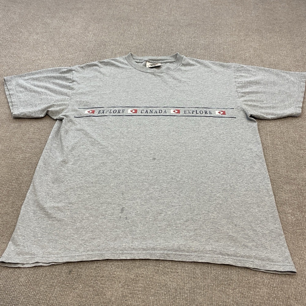 Vintage Canada T Shirt Men Large Gray Explore Canada 90s Quality Goods Tag Retro